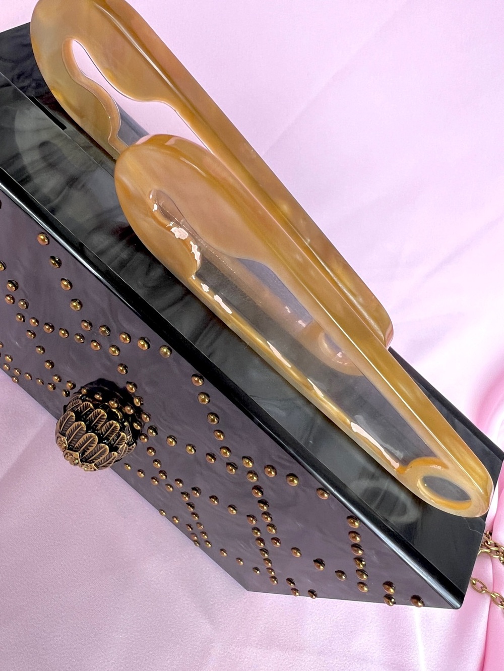 Kurt Geiger Kensington safety pin box clutch on chain gray mother of pearl NWT - Picture 9 of 16